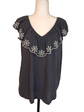 LOFT Outlet Charcoal Ruffle Yoke Top L Slate Grey White Embroidered Boho Tank